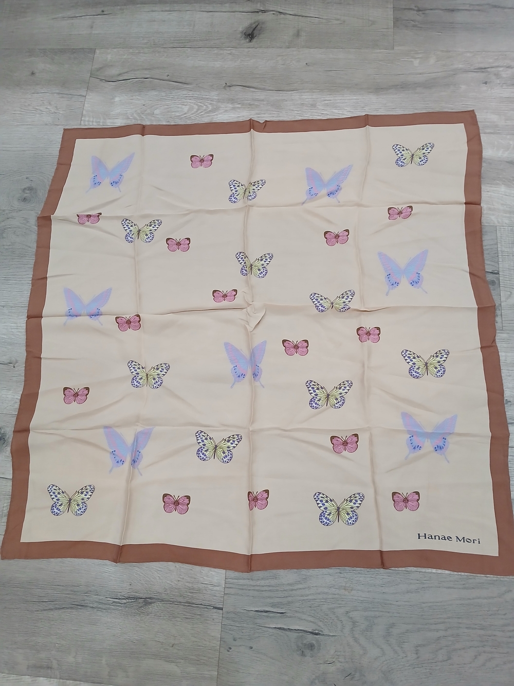 Cream Butterfly Print Pure Silk Vintage Scarf